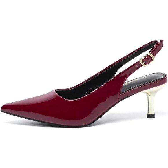 Amoji Women Burgundy Polyurethane Low Kitten Heel Slingback Pointed Toe Sandals - Picture 2 of 7